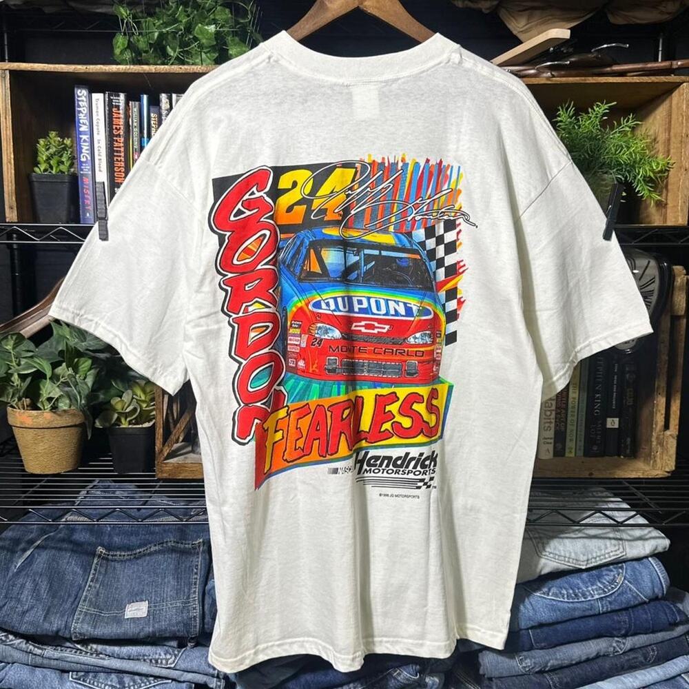 Vintage 90s Jeff Gordon Fearless NASCAR Tee White Monte Carlo Racing Shirt XL